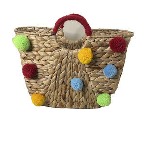 VTG Boho Woven Straw Seagrass Raffia Tote w/Pom Poms Med Basket Bag Beach Summer
